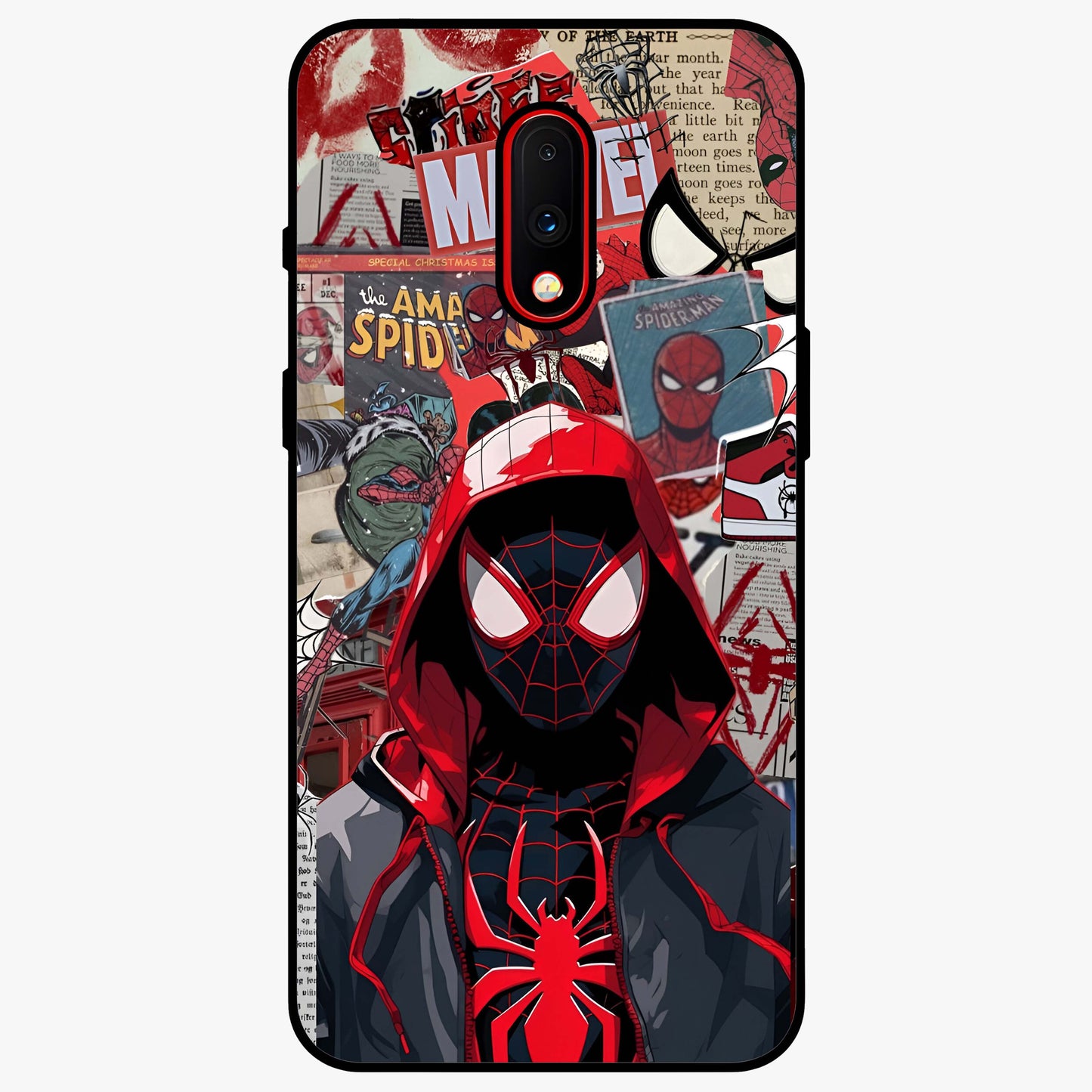Spider Collage Street Glass Case showing flat back view with vibrant superhero collage artwork and glossy glass finish.