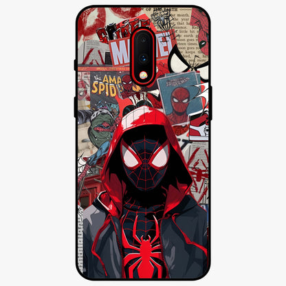 Spider Collage Street Glass Case showing flat back view with vibrant superhero collage artwork and glossy glass finish.