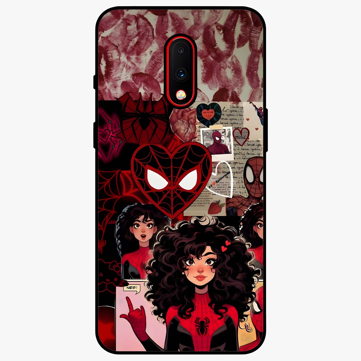 Spider Love Story Glass Case showing flat back view with romantic superhero themed artwork and glossy glass finish.