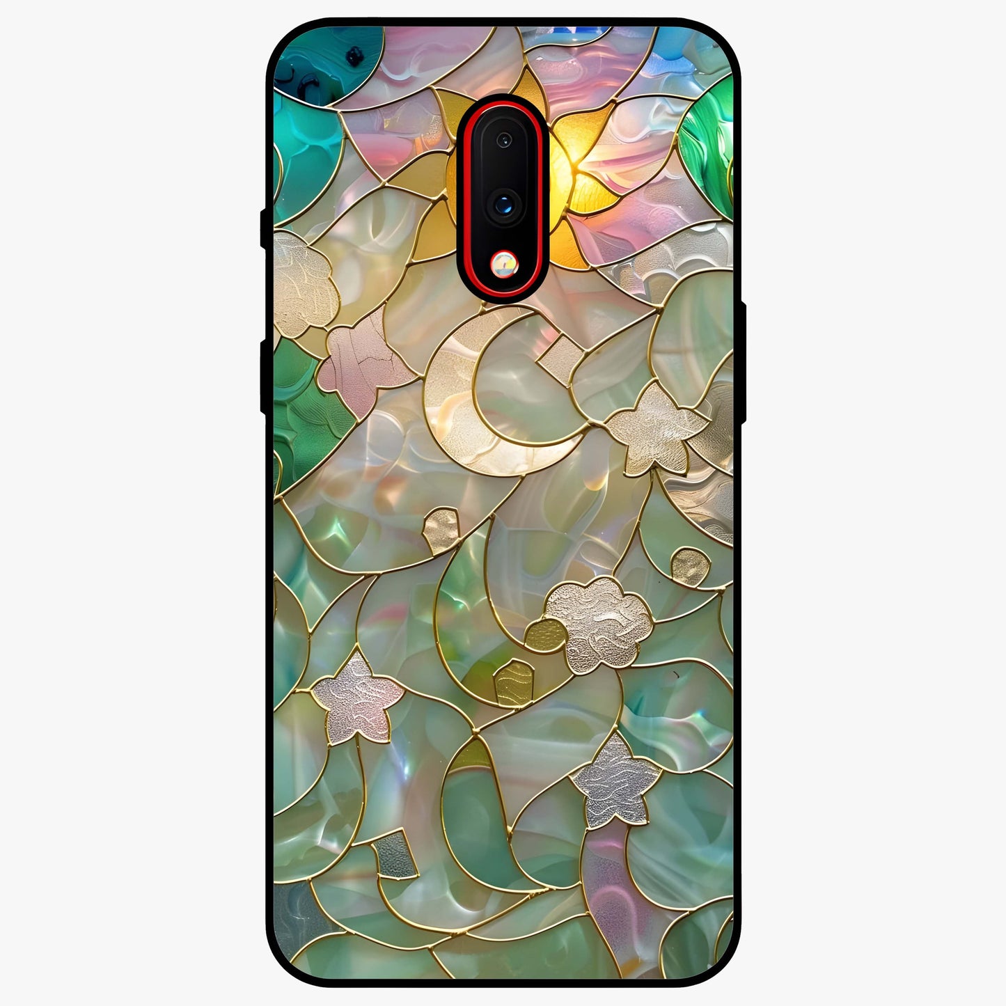 Stained Sunrise Glow Glass Case showing flat back view with glowing sunrise stained pattern artwork and glossy glass finish.