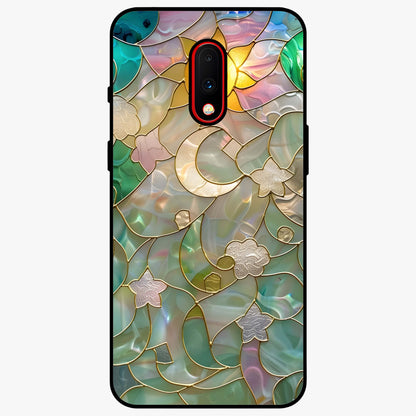 Stained Sunrise Glow Glass Case showing flat back view with glowing sunrise stained pattern artwork and glossy glass finish.