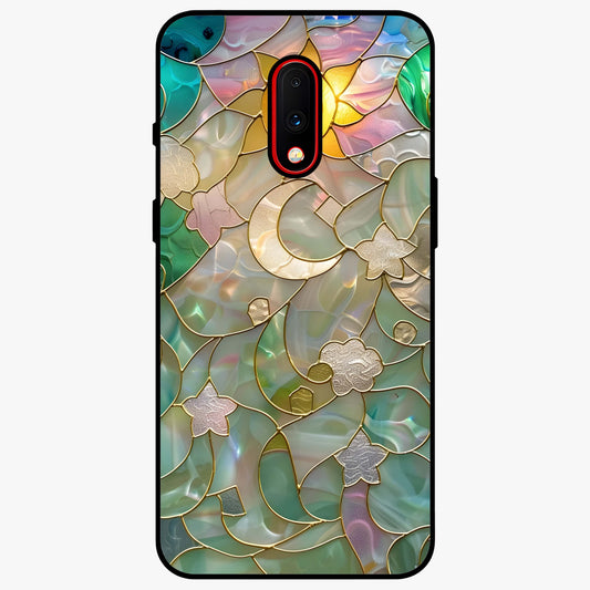 Stained Sunrise Glow Glass Case showing flat back view with glowing sunrise stained pattern artwork and glossy glass finish.
