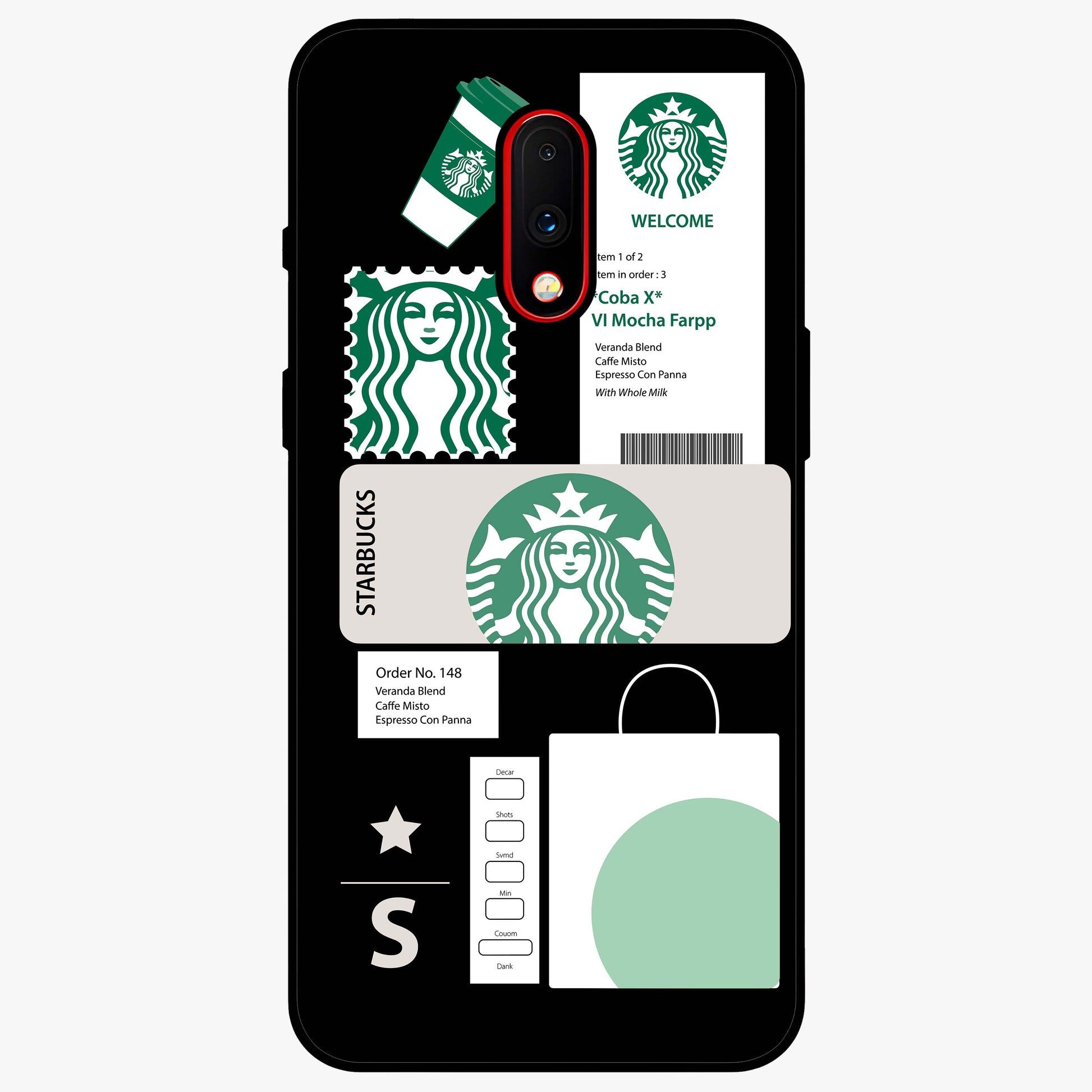 Starbucks Mocha Glass Case showing flat back view with coffee inspired artwork and glossy glass finish.