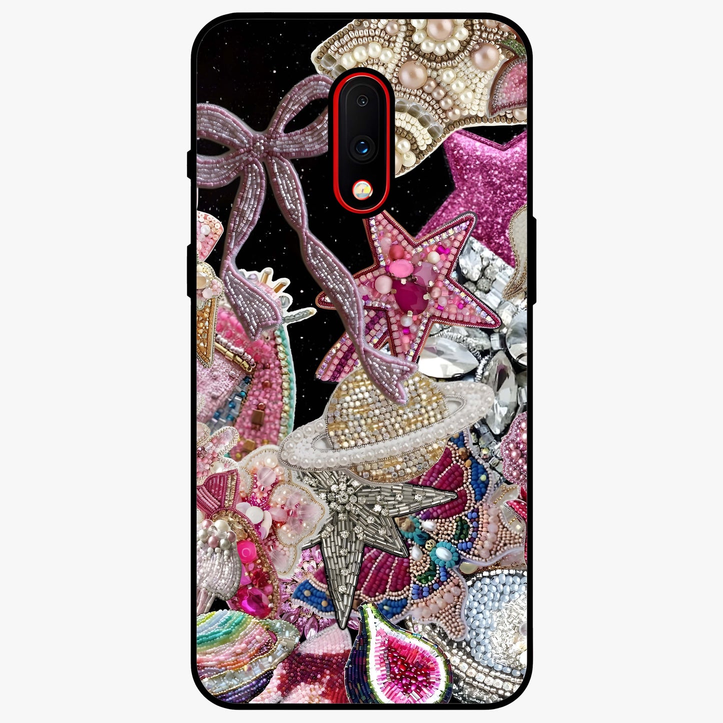 Starlit Jewel Dream Glass Case showing flat back view with sparkling jewel and star themed artwork and glossy glass finish.