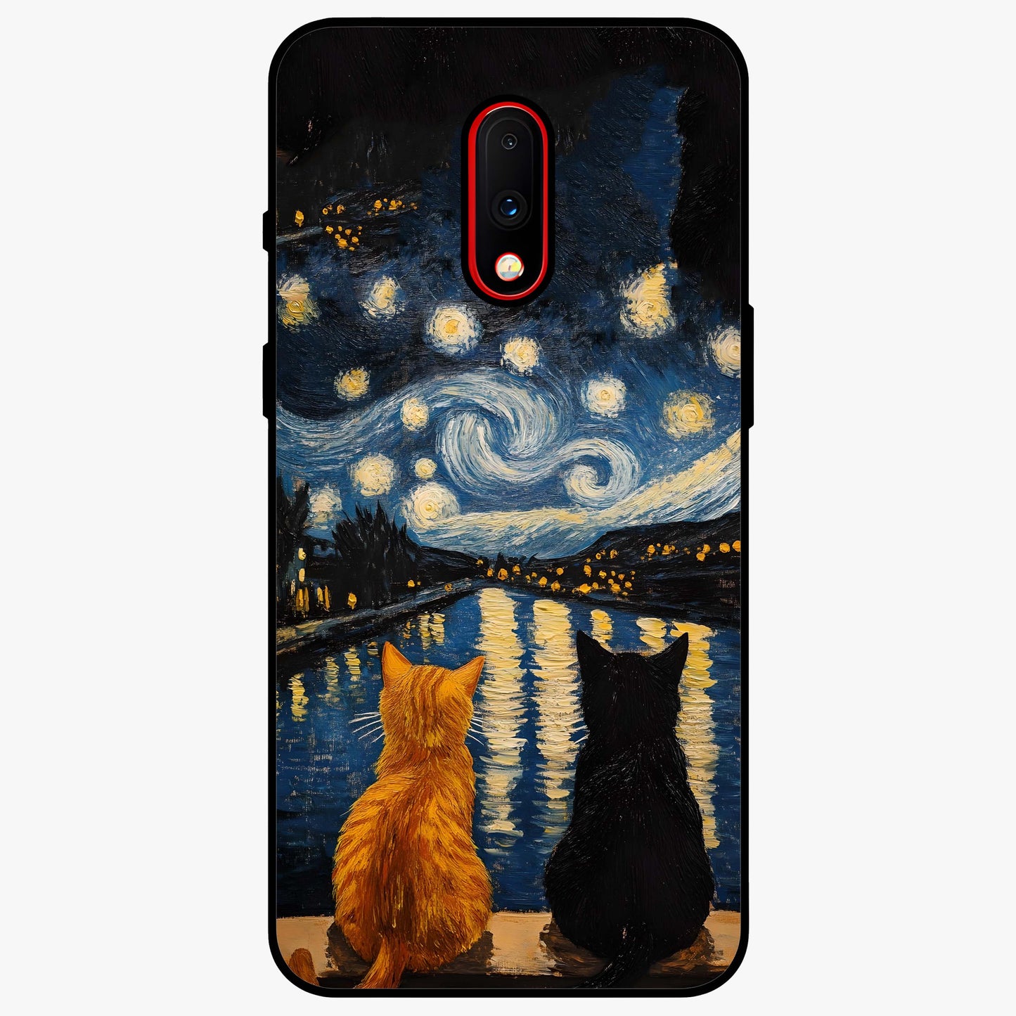 Starry River Cats Glass Case showing flat back view with cats by a starry river artwork and glossy glass finish.