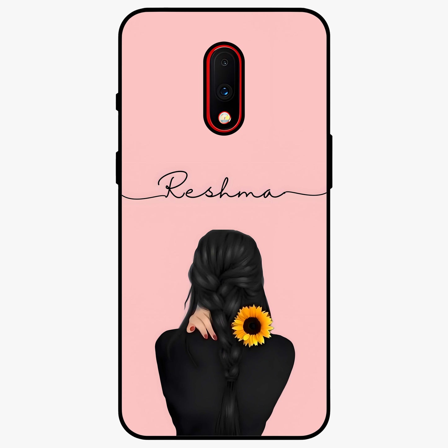Sunflower Braid Beauty With Custom Name Glass Case showing flat back view with sunflower braid artwork and personalized name design.