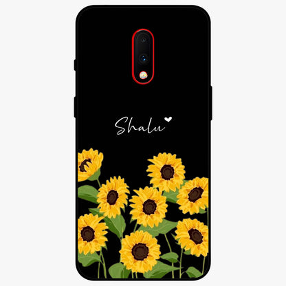 Sunflower Chic Mood Custom Name Glass Case showing flat back view with stylish sunflower artwork and personalized name design.