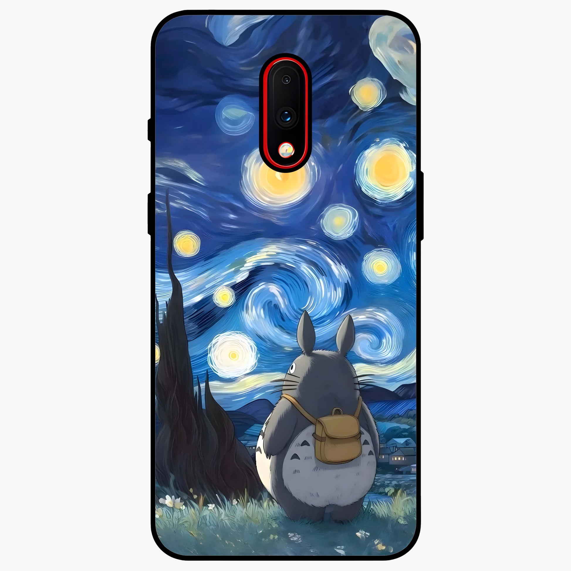 Totoro In Van Gogh Art Glass Case showing flat back view with whimsical character artwork inspired by Van Gogh style and glossy glass finish.