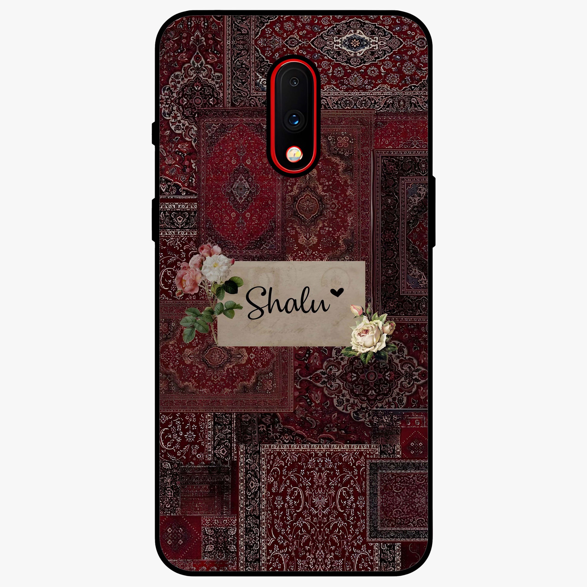 Velvet Wine Pattern Custom Name Glass Case showing flat back view with elegant wine colored pattern artwork and personalized name design.
