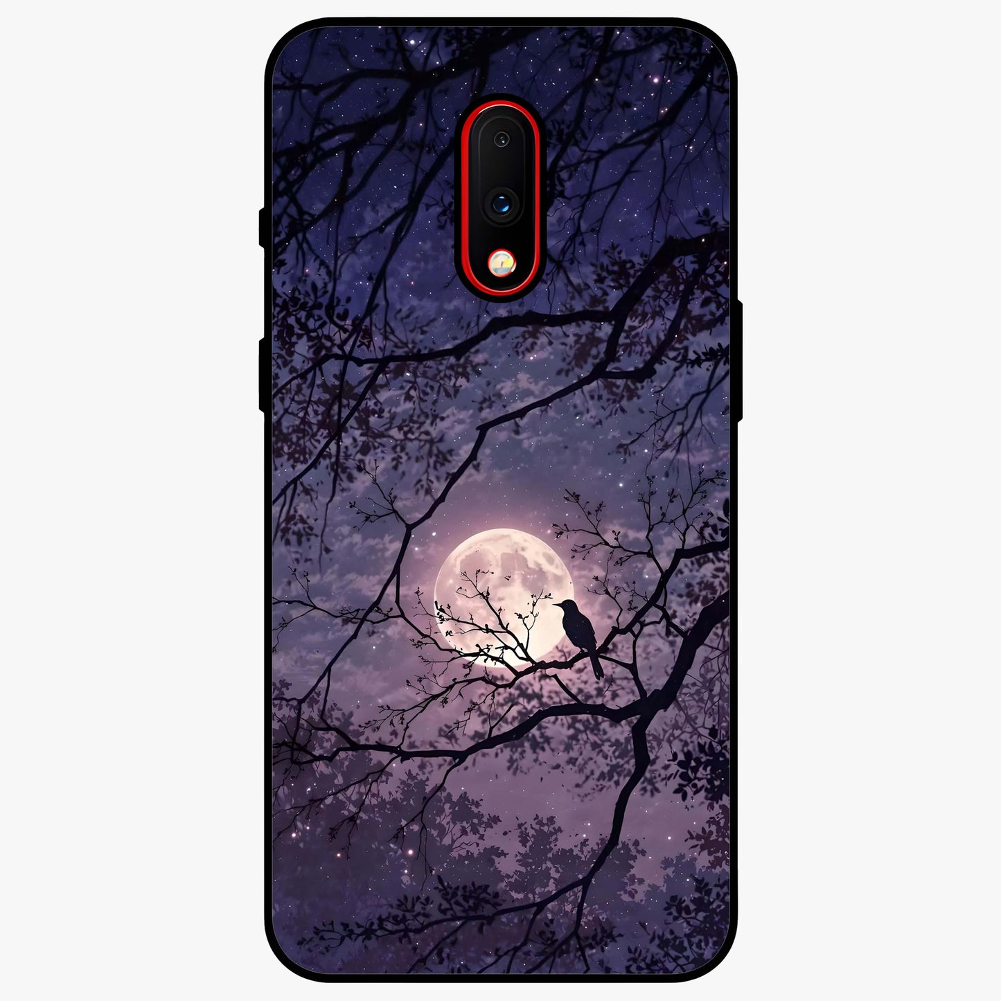 Whispering Moon Silence Glass Case showing flat back view with serene moon themed artwork and glossy glass finish.