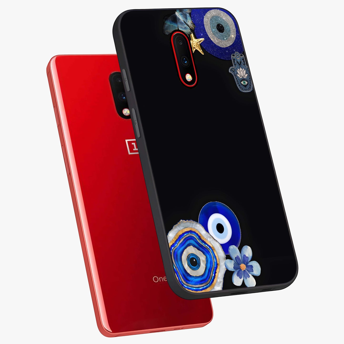 Aesthetic Blue Evil Eye Glass Case displayed in angled mockup highlighting blue evil eye symbol and spiritual aesthetic design.