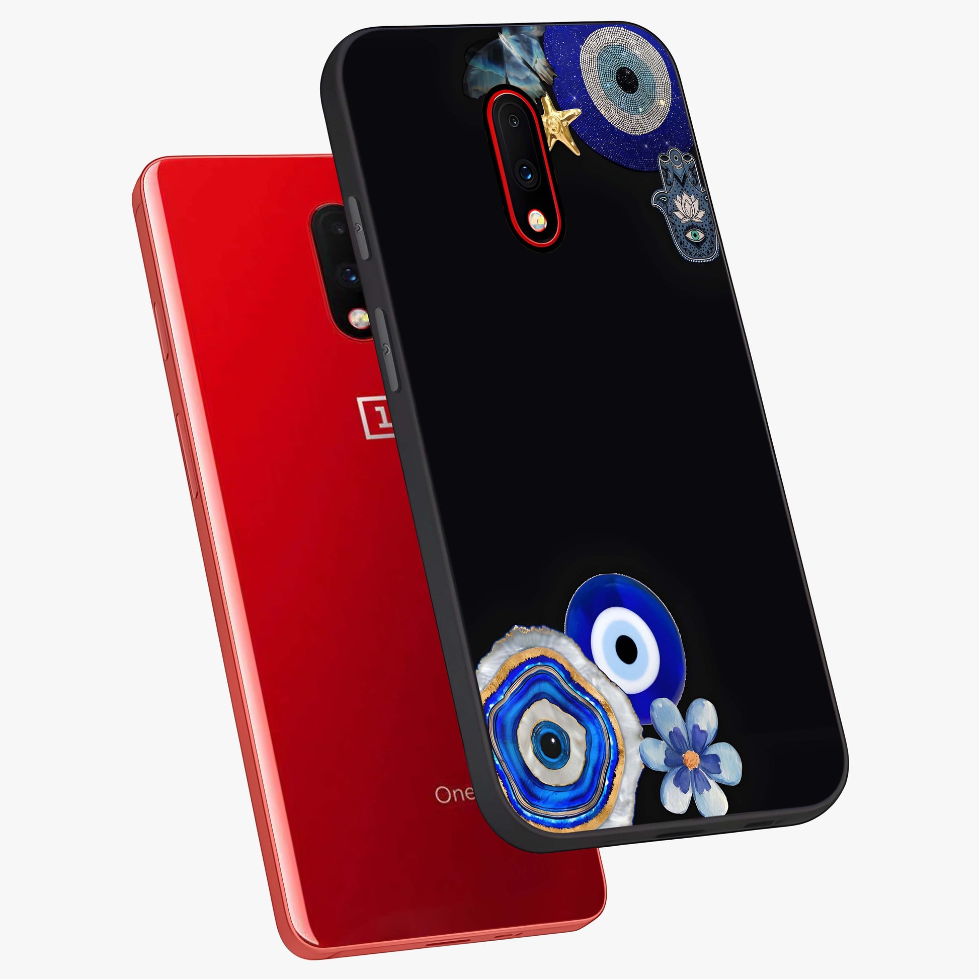Aesthetic Blue Evil Eye Glass Case displayed in angled mockup highlighting blue evil eye symbol and spiritual aesthetic design.