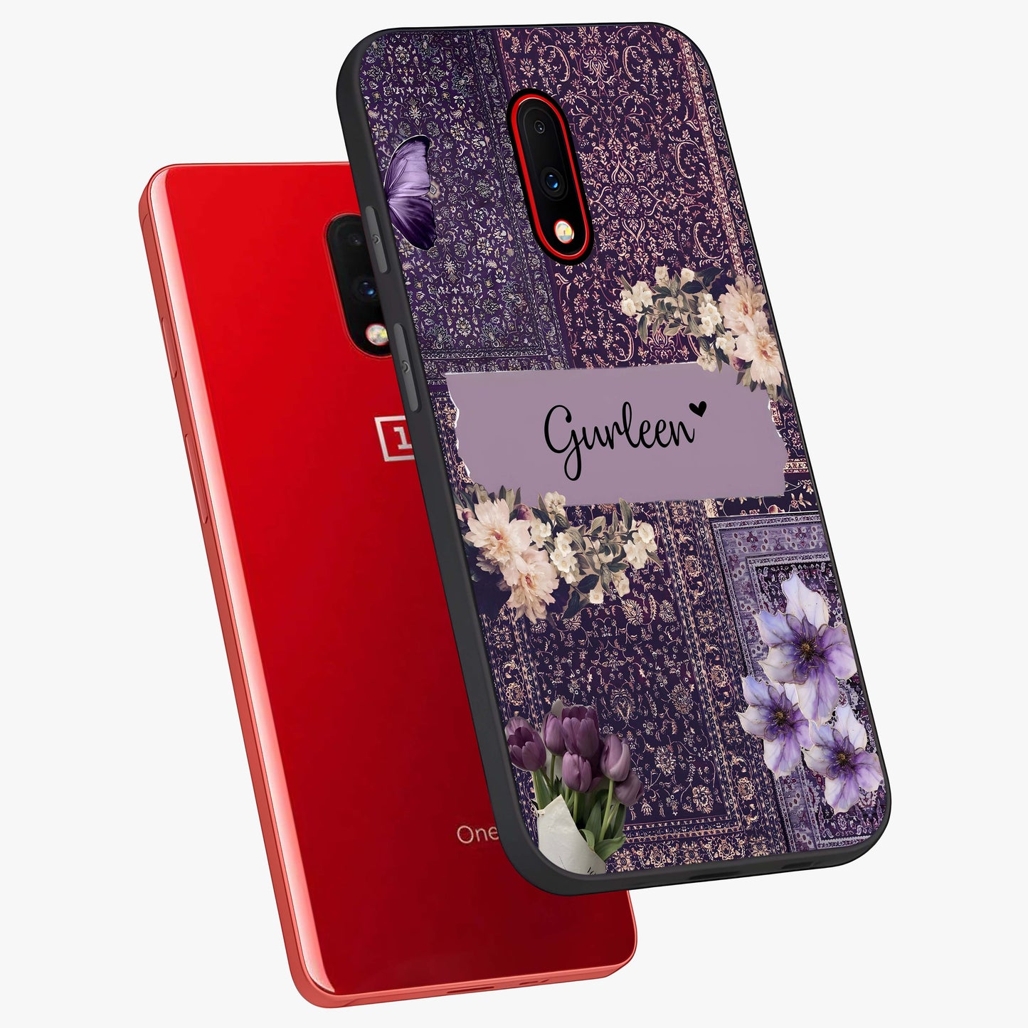 Antique Floral Whisper Custom Name Glass Case displayed in angled mockup highlighting elegant antique floral aesthetic.