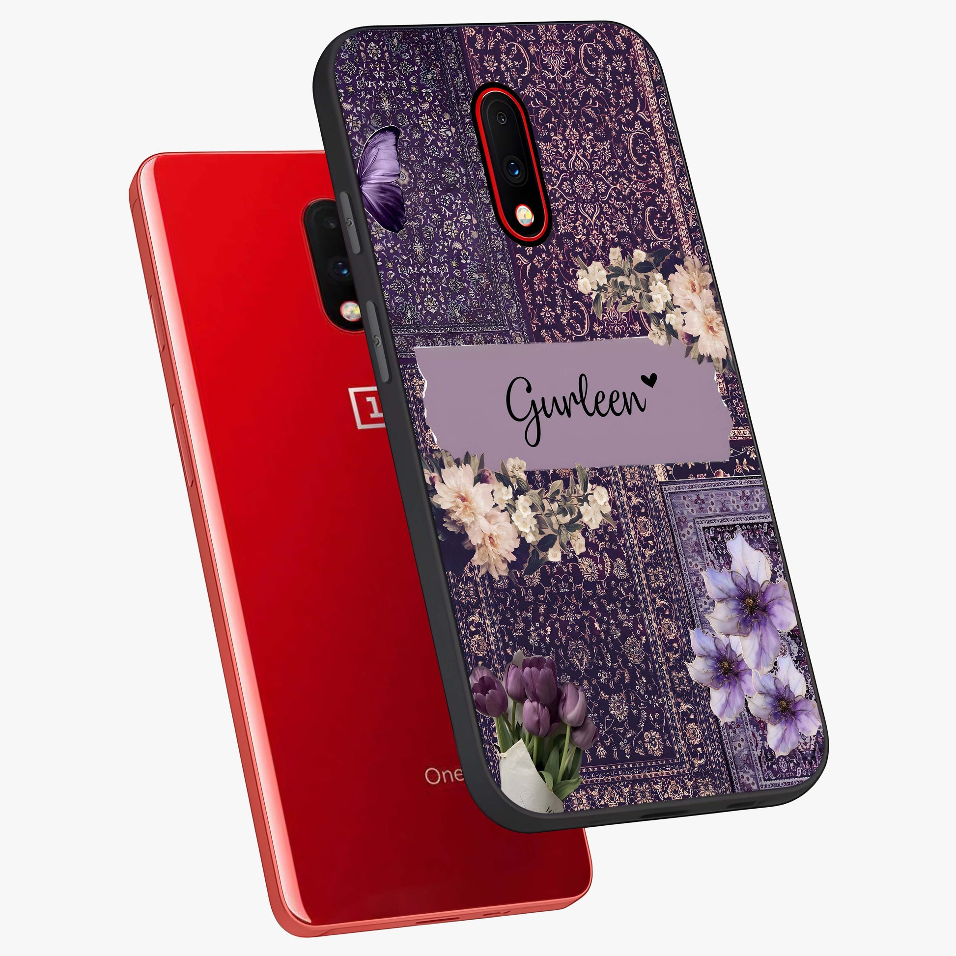 Antique Floral Whisper Custom Name Glass Case displayed in angled mockup highlighting elegant antique floral aesthetic.