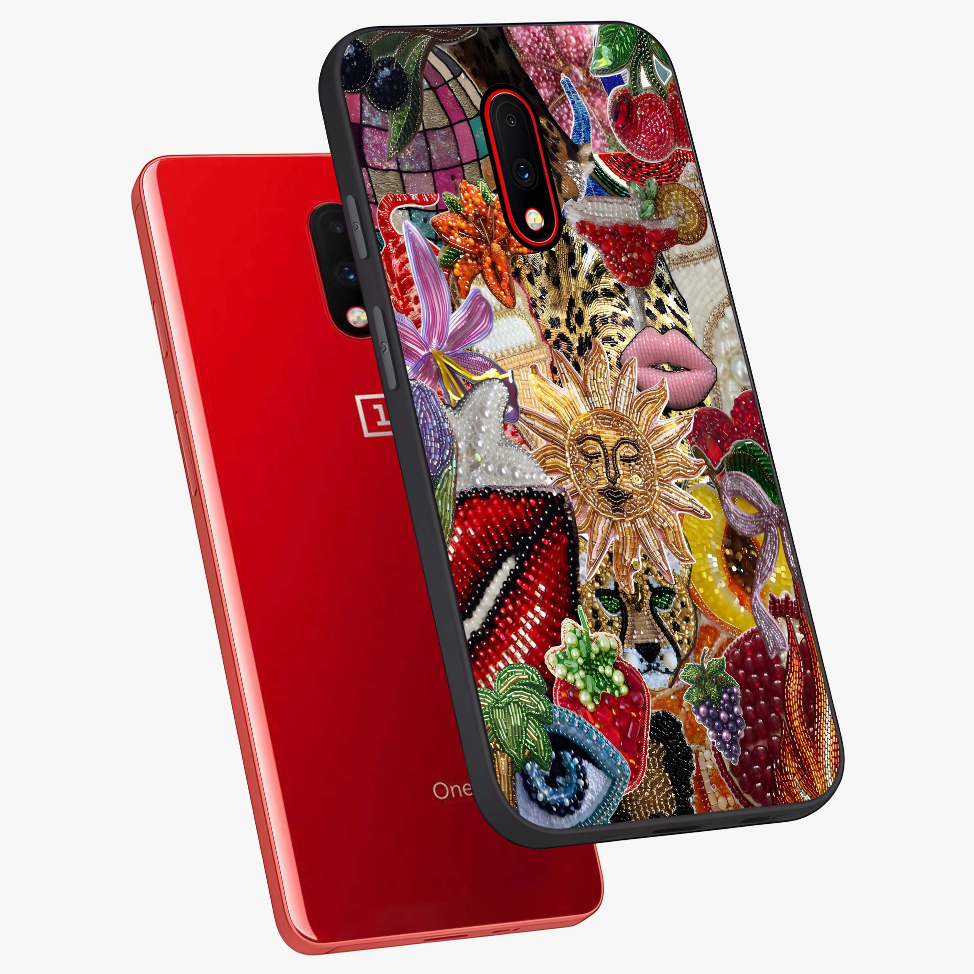 Beaded Fashion Jungle Glass Case displayed in angled mockup highlighting colorful fashion bead design and artistic pattern.