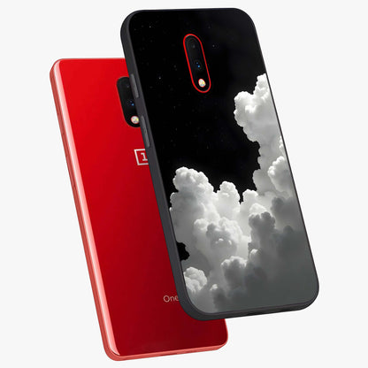 Black Background With White Cloud Glass Case displayed in angled mockup highlighting soft white cloud illustration and minimal design.