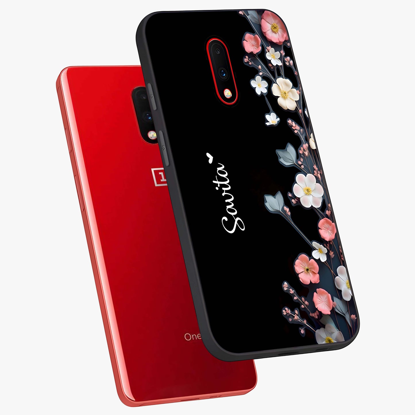Black Elegance Floral Custom Name Glass Case displayed in angled mockup highlighting dark floral aesthetic and custom name feature.