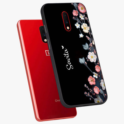 Black Elegance Floral Custom Name Glass Case displayed in angled mockup highlighting dark floral aesthetic and custom name feature.