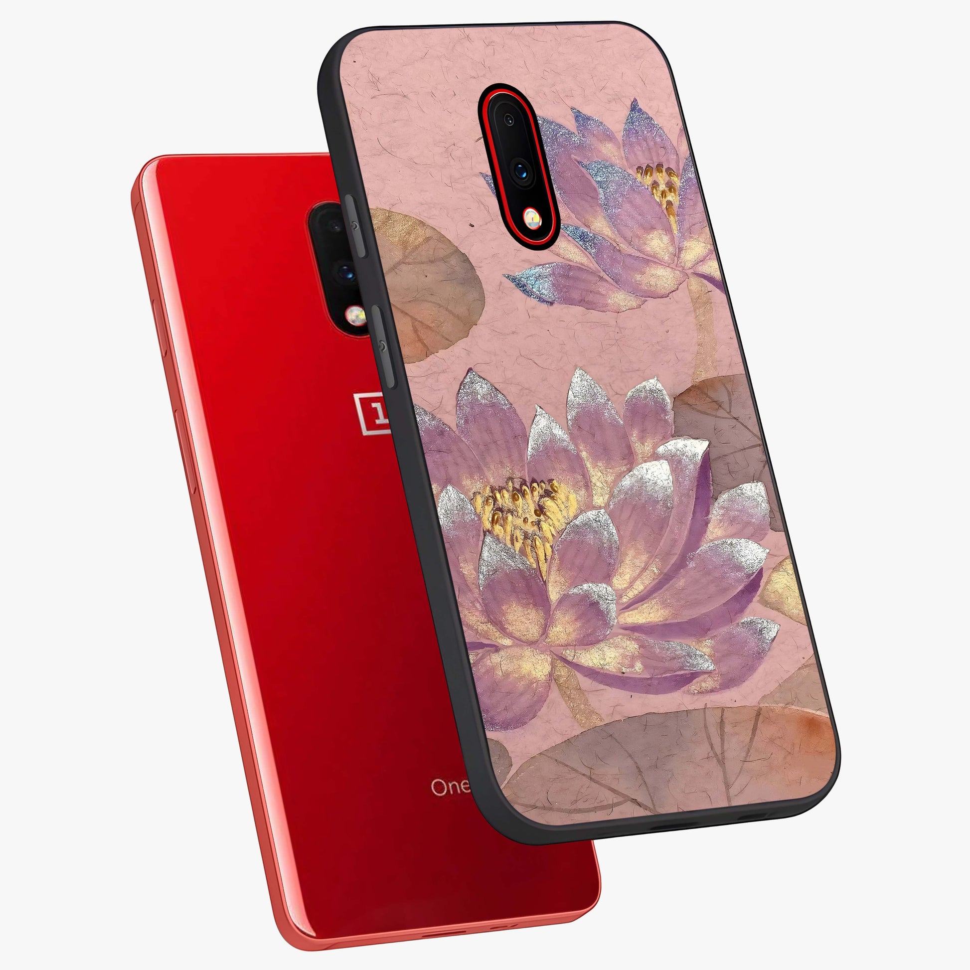 Blossom Mist Lotus Glass Case displayed in angled mockup highlighting delicate lotus illustration with calm aesthetic theme.
