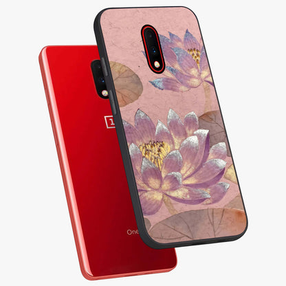 Blossom Mist Lotus Glass Case displayed in angled mockup highlighting delicate lotus illustration with calm aesthetic theme.