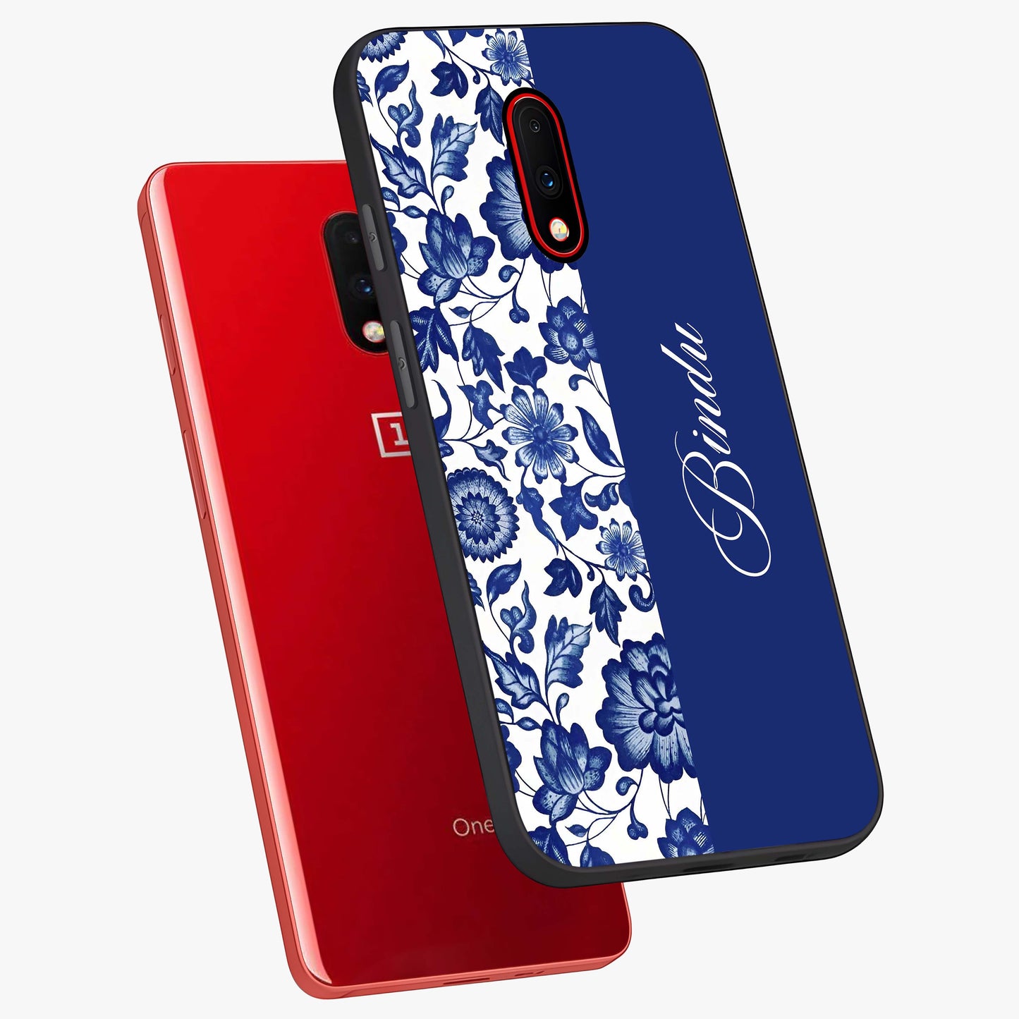 Blue Vintage Floral Pattern Glass Case displayed in angled mockup highlighting subtle bloom pattern with aesthetic pastel design.