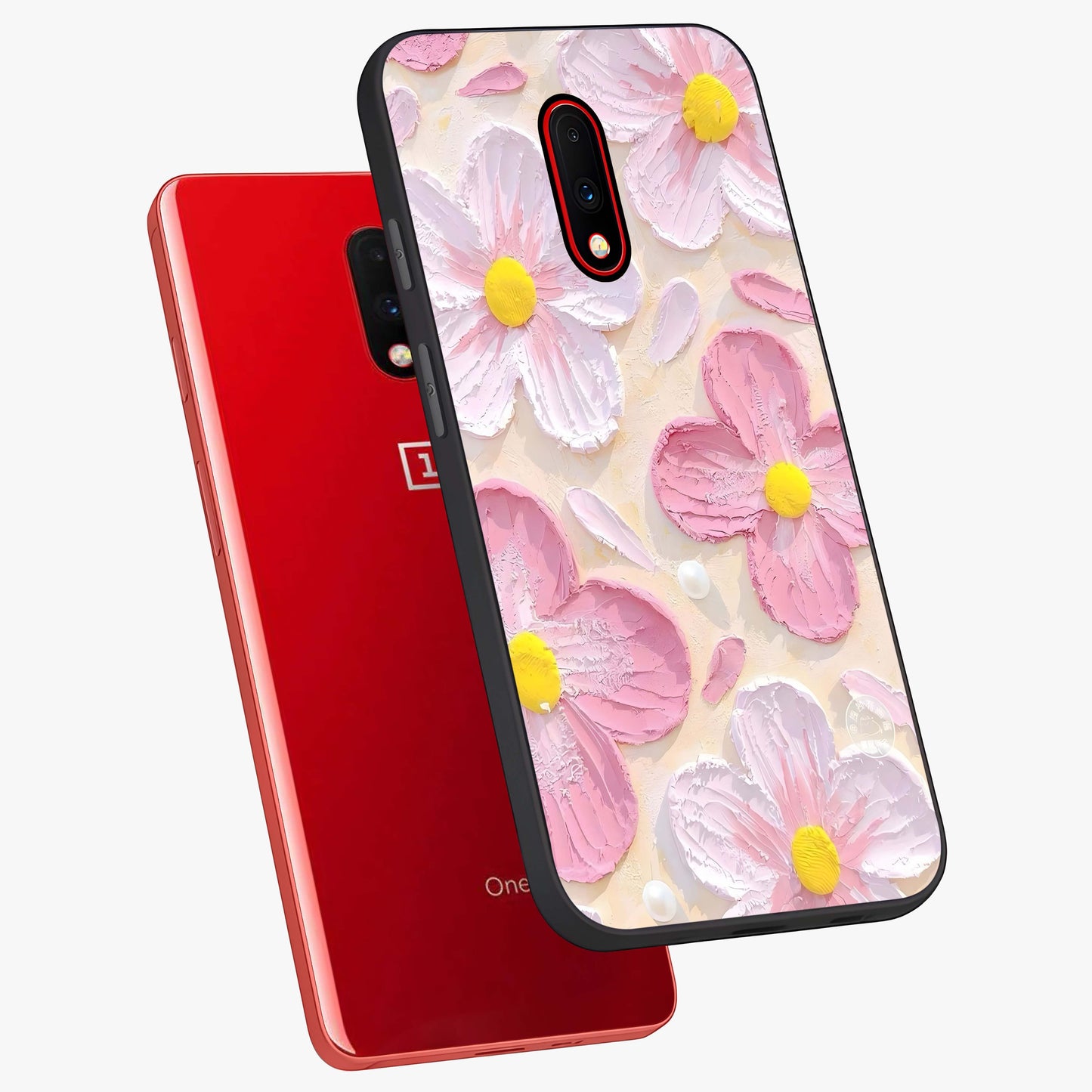 Blush Bloom Texture Glass Case displayed in angled mockup highlighting subtle bloom pattern with aesthetic pastel design.