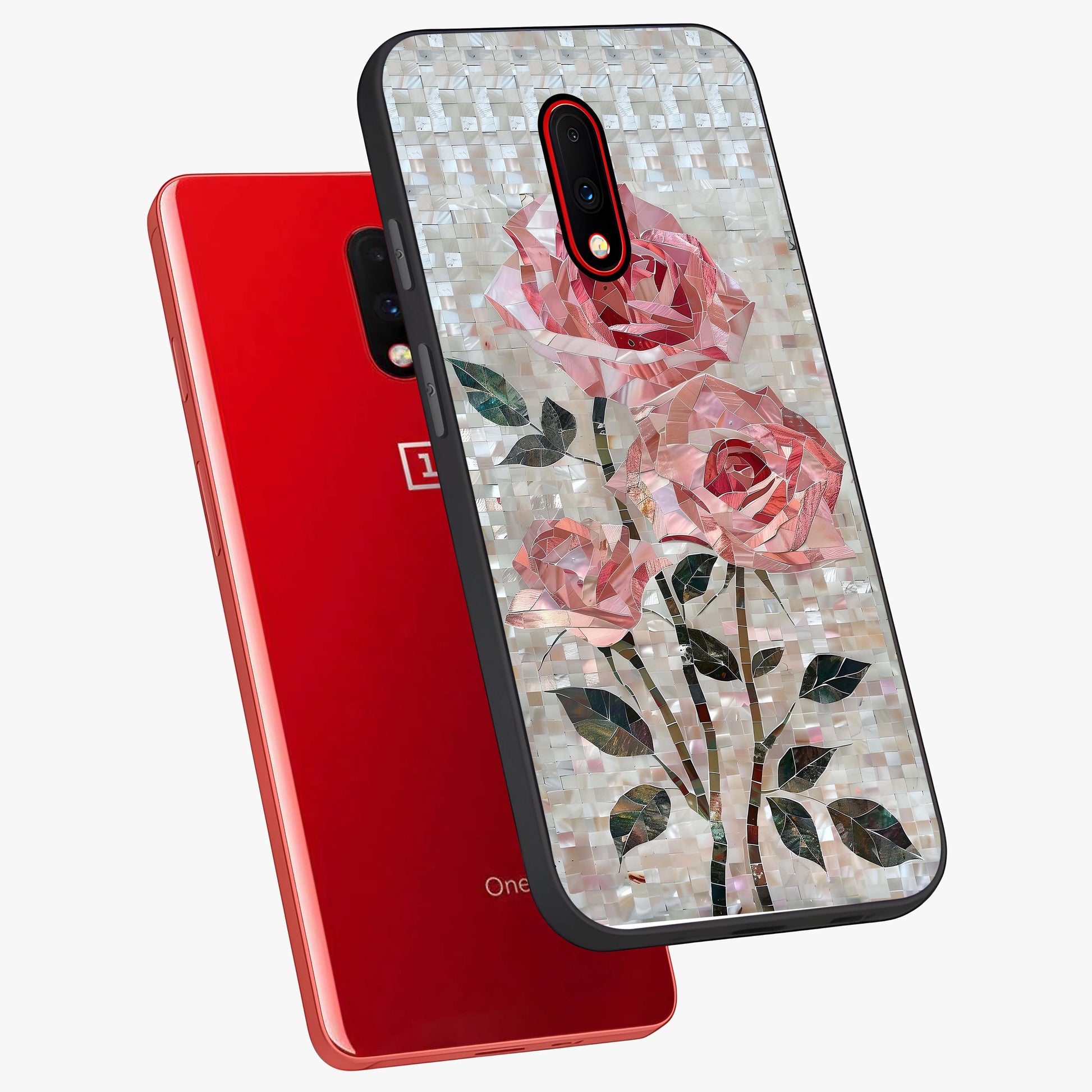 Blush Mosaic Bloom Glass Case displayed in angled mockup highlighting artistic mosaic flower pattern with aesthetic design.