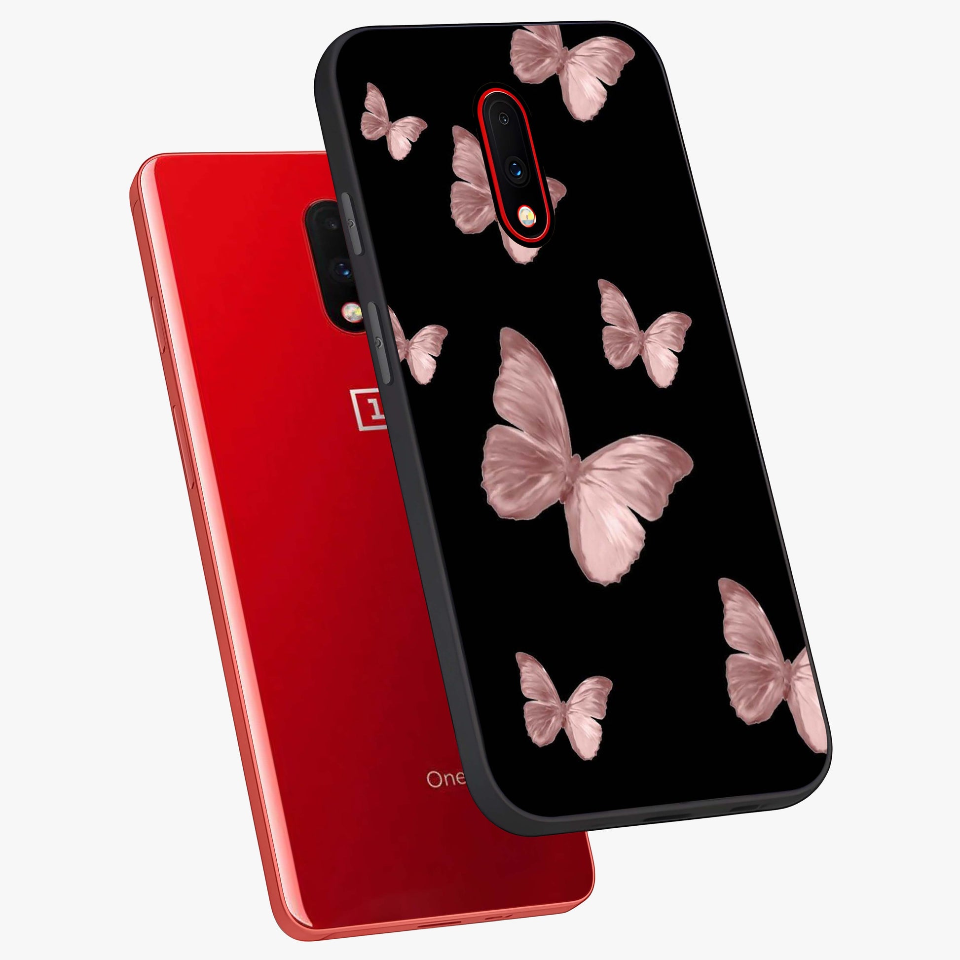 Butterfly Pattern Glass Case displayed in angled mockup highlighting delicate butterfly design and aesthetic pattern style.