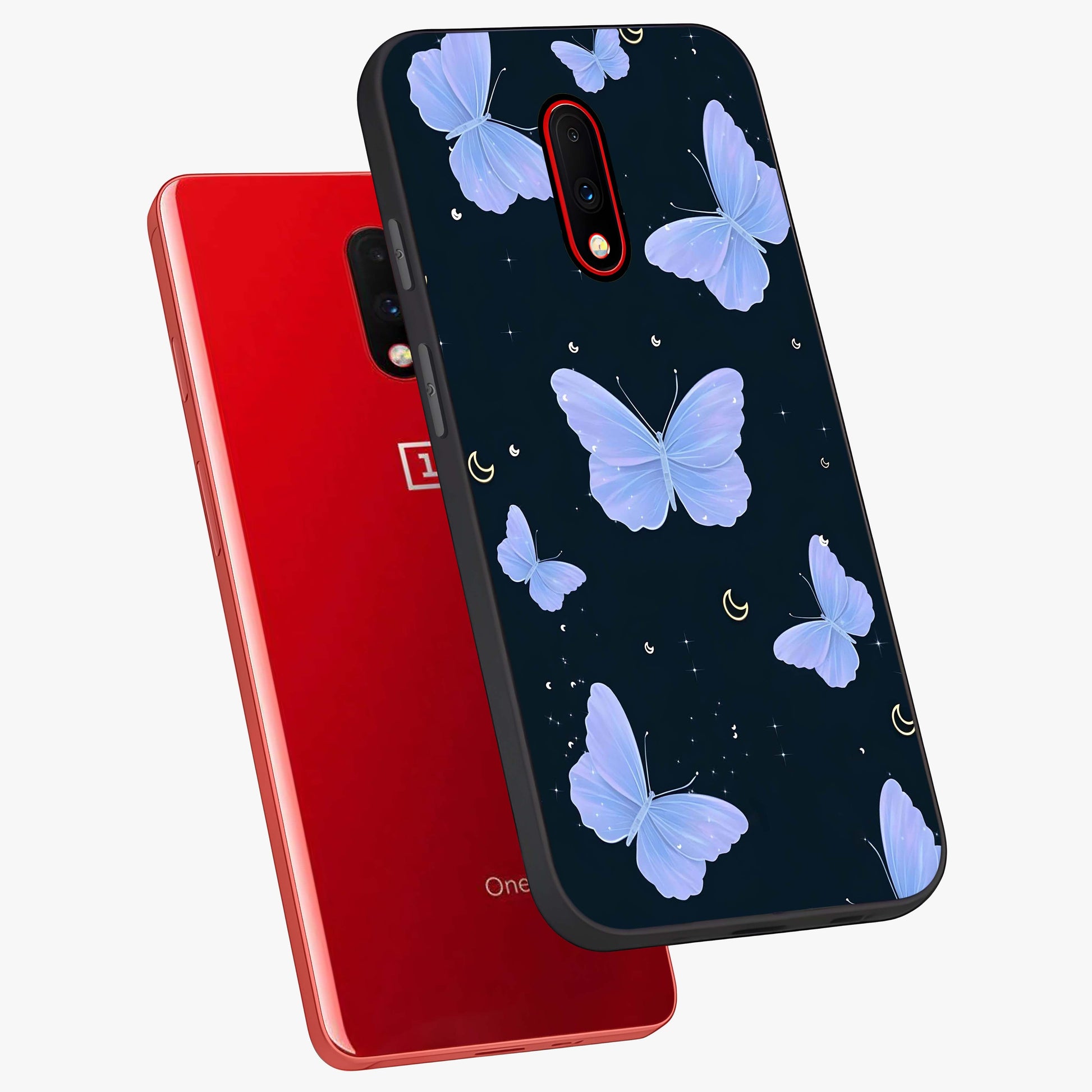 Butterfly With Stars Pattern Glass Case displayed in angled mockup highlighting dreamy butterfly and star design with aesthetic theme.