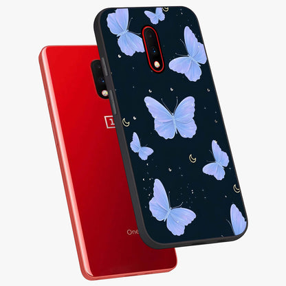 Butterfly With Stars Pattern Glass Case displayed in angled mockup highlighting dreamy butterfly and star design with aesthetic theme.