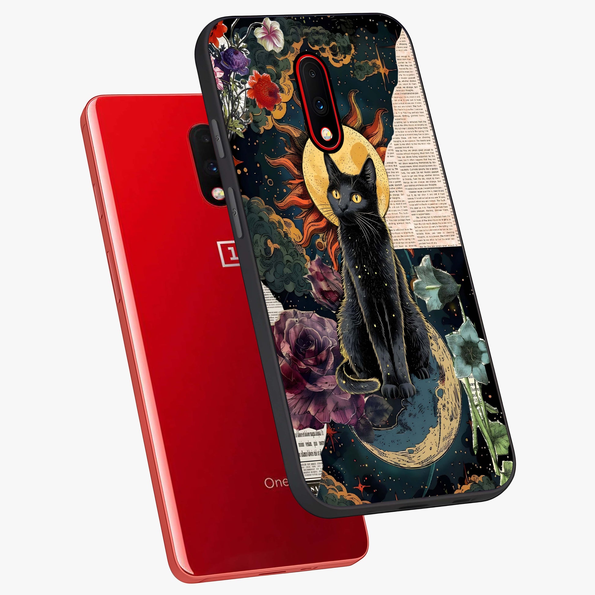 Celestial Black Cat Glass Case displayed in angled mockup highlighting cosmic black cat design with celestial aesthetic.