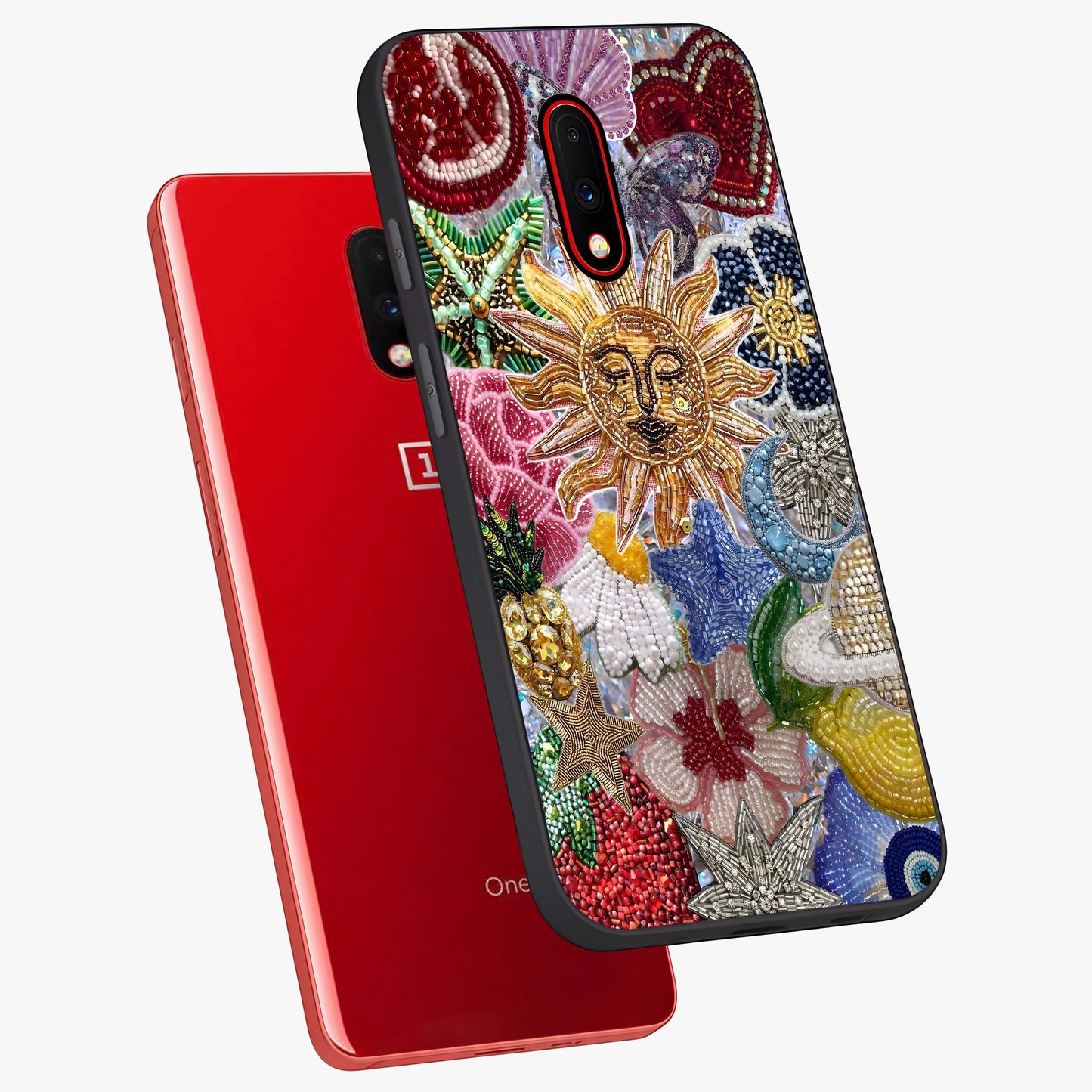 Celestial Floral and Playful Glass Case displayed in angled mockup highlighting playful floral design with dreamy celestial elements.