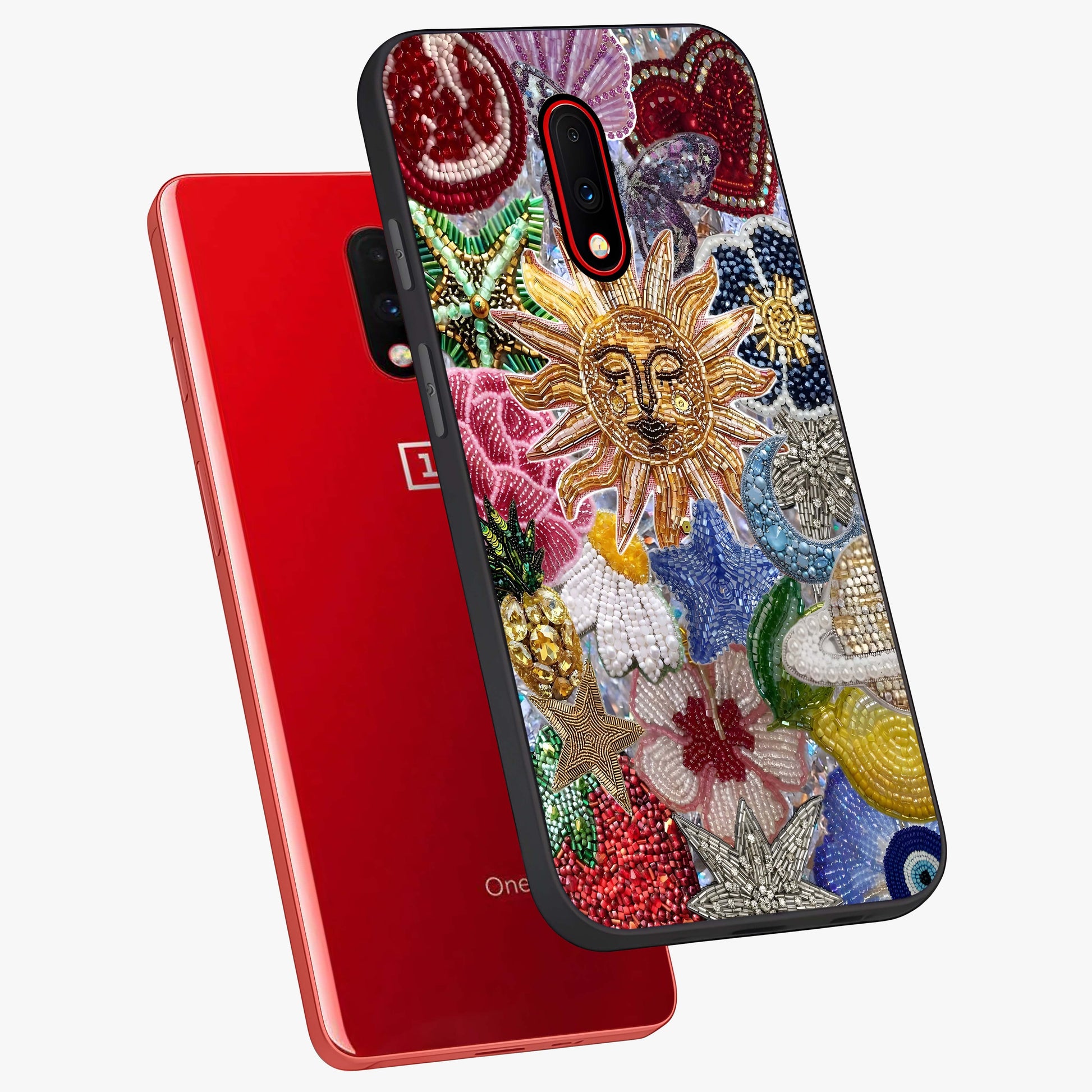 Celestial Floral and Playful Glass Case displayed in angled mockup highlighting playful floral design with dreamy celestial elements.