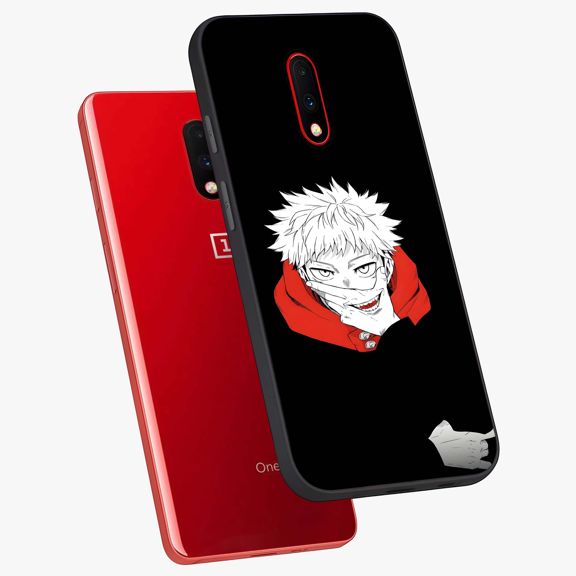 Crimson Chaos Smile Glass Case displayed in angled mockup highlighting edgy crimson smile design with graphic aesthetic.