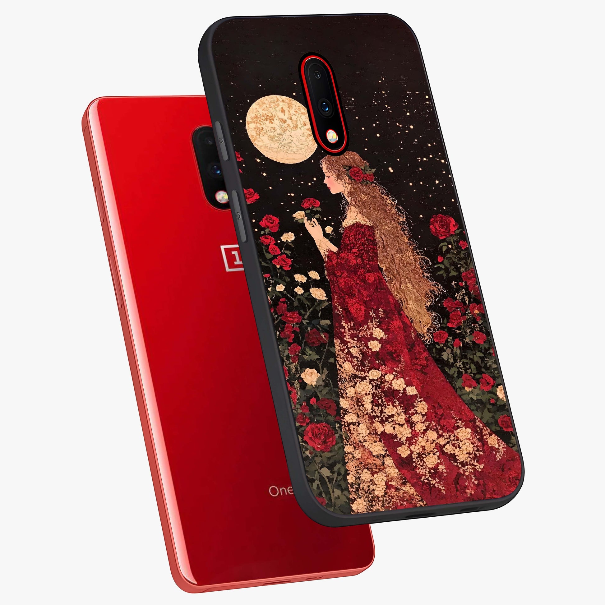 Crimson Dreams Glass Case displayed in angled mockup highlighting soft crimson aesthetic design with artistic theme.