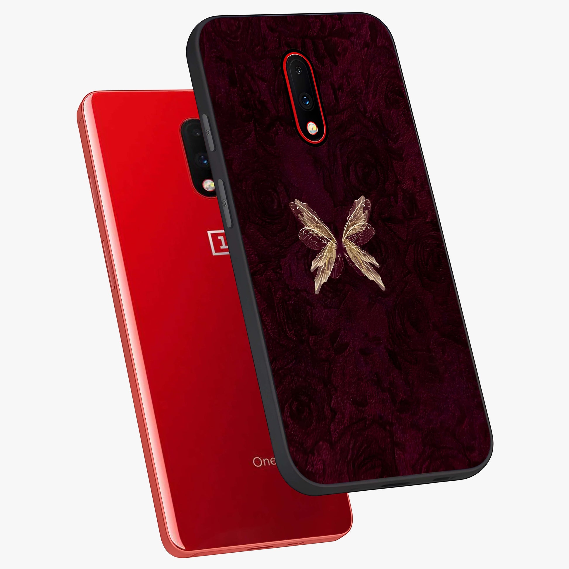 Crimson Fade Butterfly Glass Case displayed in angled mockup highlighting elegant butterfly design with crimson gradient aesthetic.