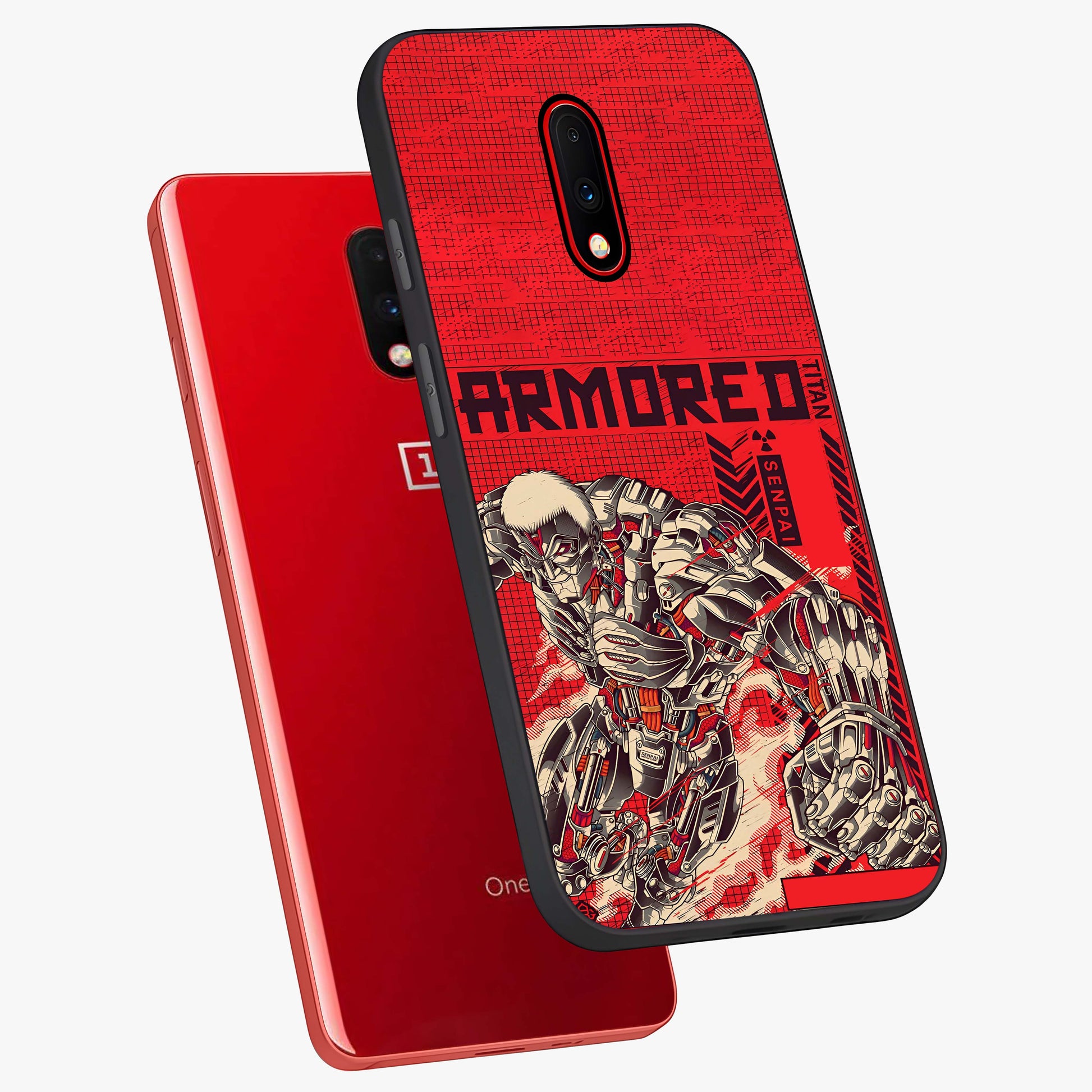 Crimson Mecha Titan Glass Case displayed in angled mockup highlighting futuristic mech illustration with bold crimson aesthetic.