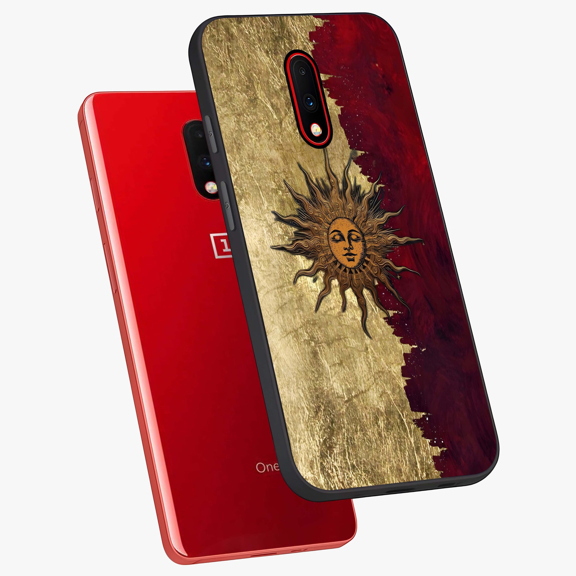 Crimson Sun Majesty Glass Case displayed in angled mockup highlighting majestic crimson sun design with bold aesthetic style.