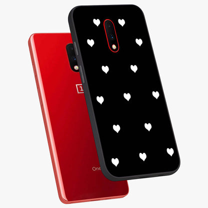Cute And Simple White Hearts Glass Case displayed in angled mockup highlighting cute heart design with clean aesthetic style.