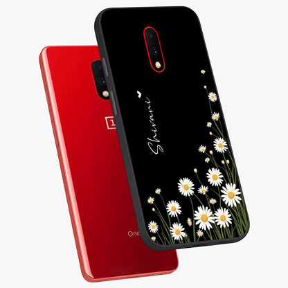 Daisy Cascade Custom Name Glass Case displayed in angled mockup highlighting delicate daisy artwork with custom name feature.