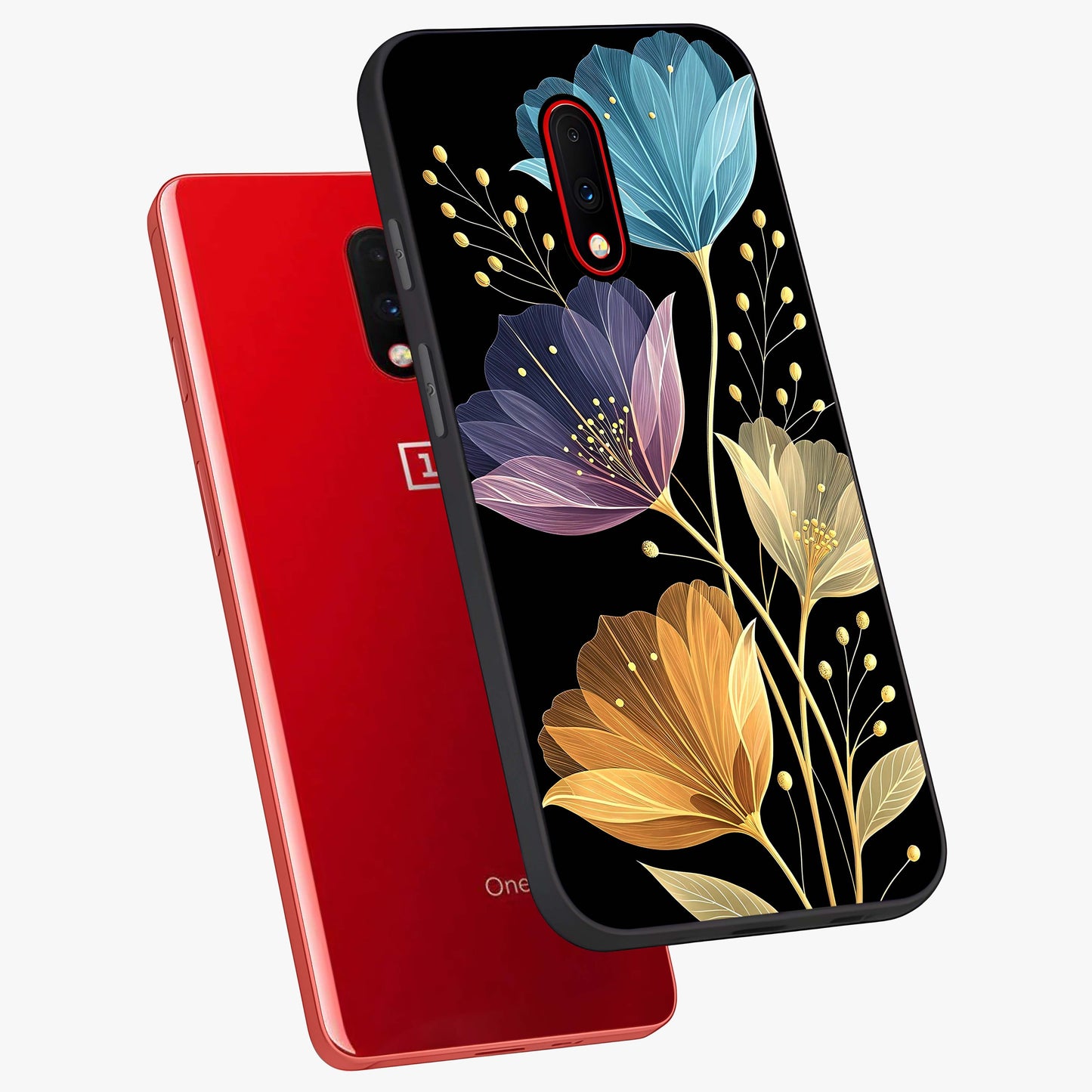 Delicate Multicolor Flowers Glass Case displayed in angled mockup highlighting colorful flower pattern with soft aesthetic style.
