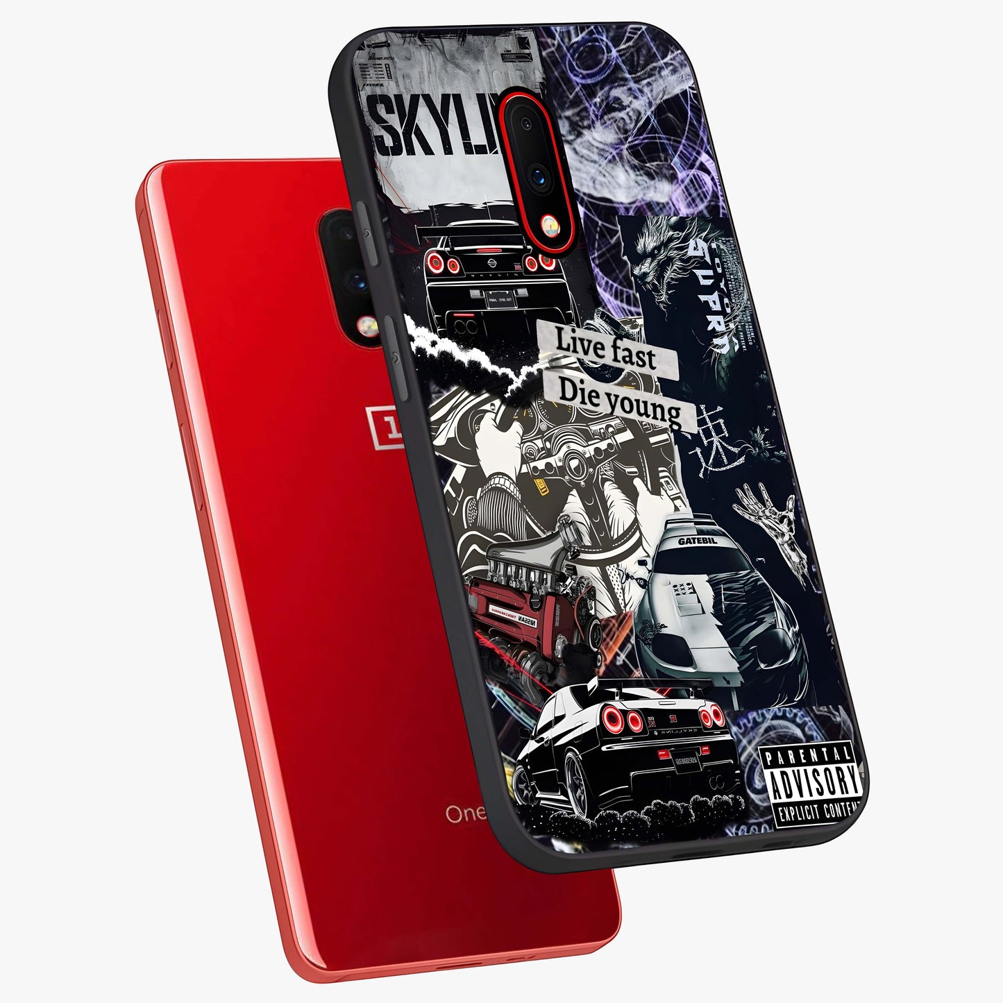 Die Young Glass Case displayed in angled mockup highlighting expressive graphic artwork with edgy aesthetic style.