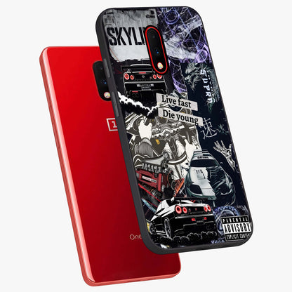 Die Young Glass Case displayed in angled mockup highlighting expressive graphic artwork with edgy aesthetic style.