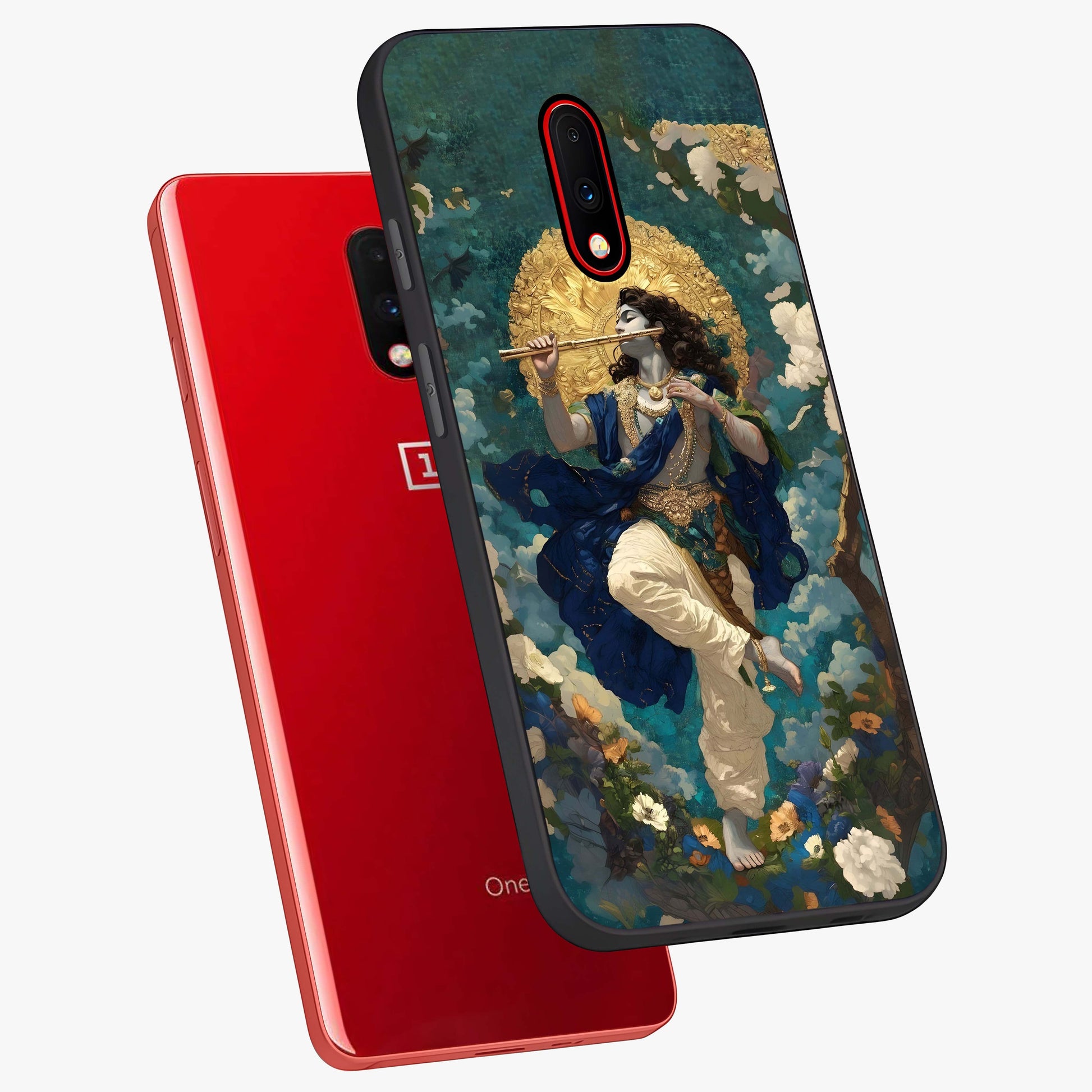 Divine Krishna Art Glass Case displayed in angled mockup highlighting spiritual Krishna illustration with devotional aesthetic.