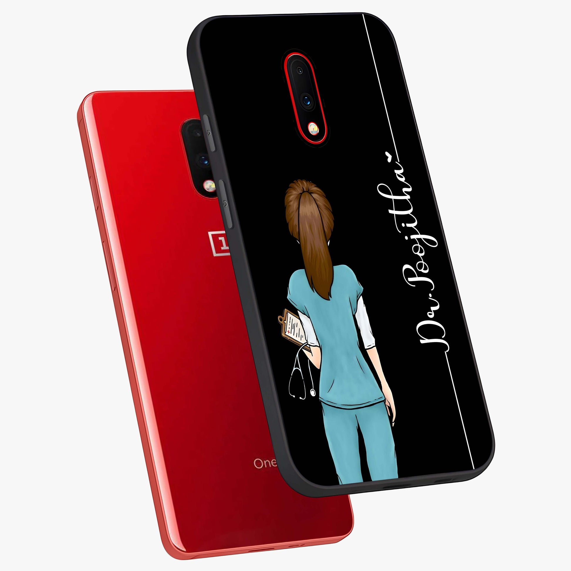 Doctor Pattern Custom Name Glass Case displayed in angled mockup highlighting doctor inspired artwork with custom name feature.