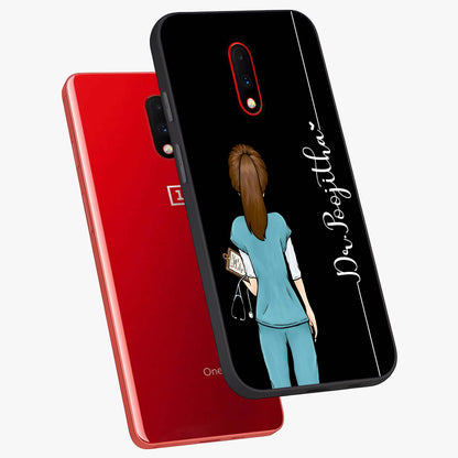 Doctor Pattern Custom Name Glass Case displayed in angled mockup highlighting doctor inspired artwork with custom name feature.