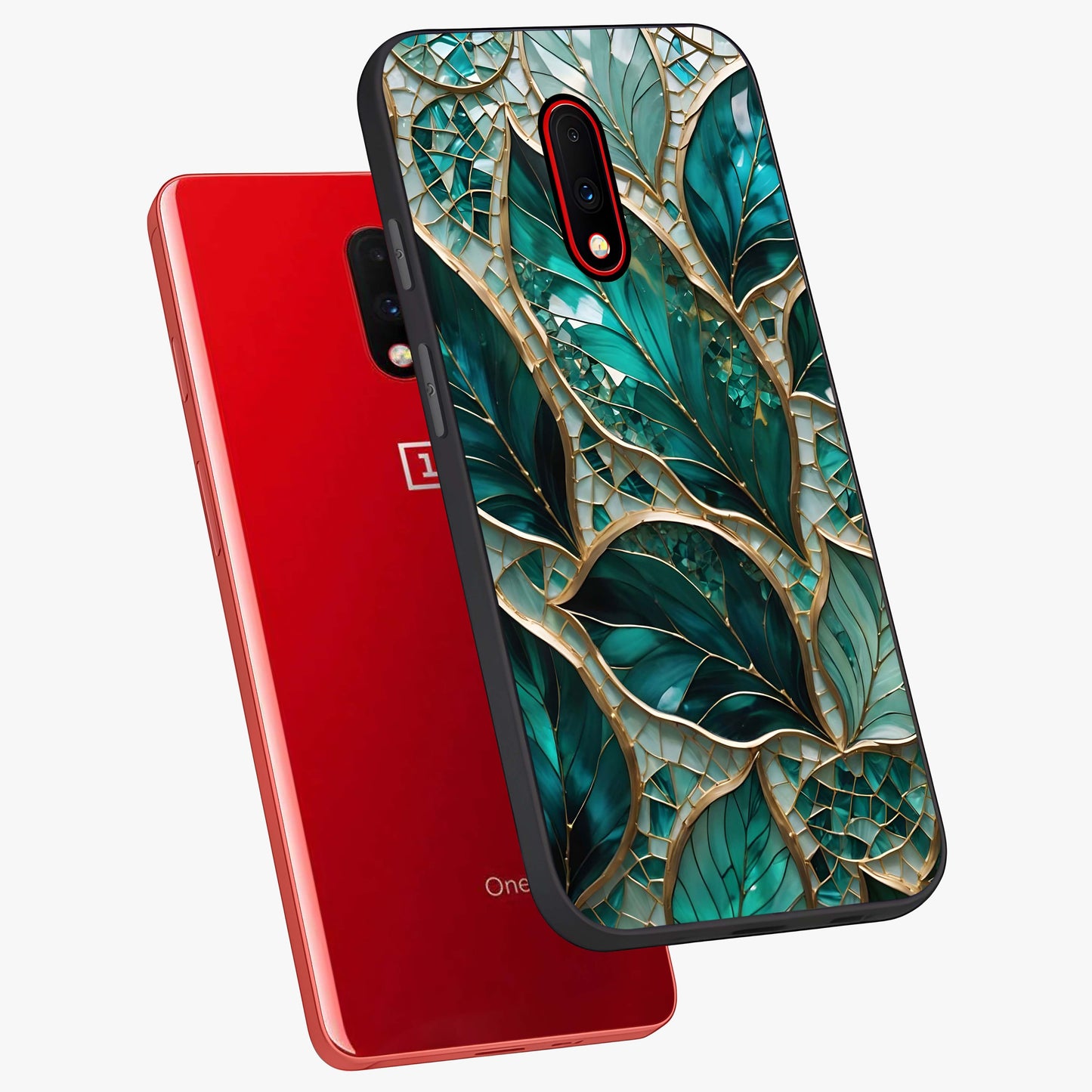 Emerald Leaf Glass Glass Case displayed in angled mockup highlighting botanical leaf illustration with elegant natural aesthetic.