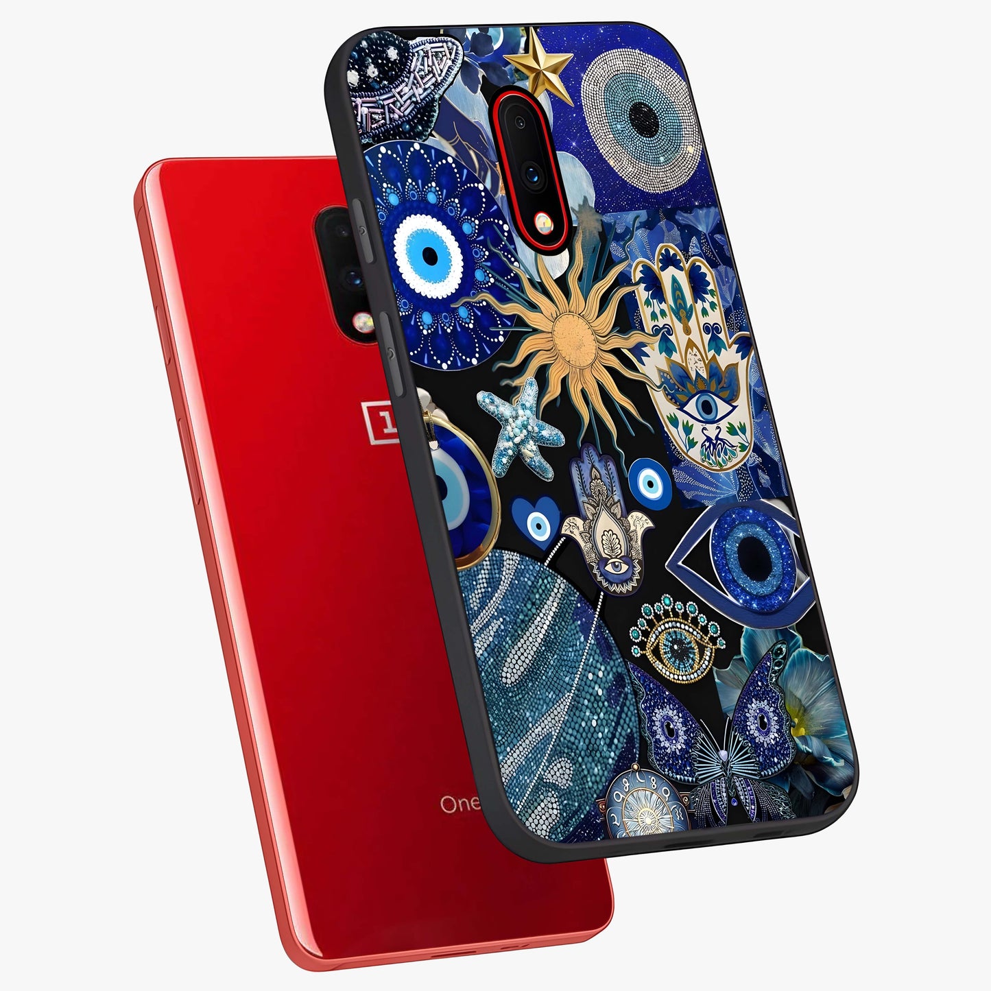 Evil Eye Charm Mix Glass Case displayed in angled mockup highlighting protective evil eye symbols with spiritual aesthetic design.