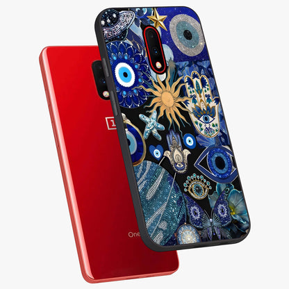 Evil Eye Charm Mix Glass Case displayed in angled mockup highlighting protective evil eye symbols with spiritual aesthetic design.