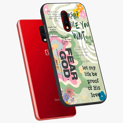 Faith Over Fear Glass Case displayed in angled mockup highlighting inspirational message design with modern aesthetic style.